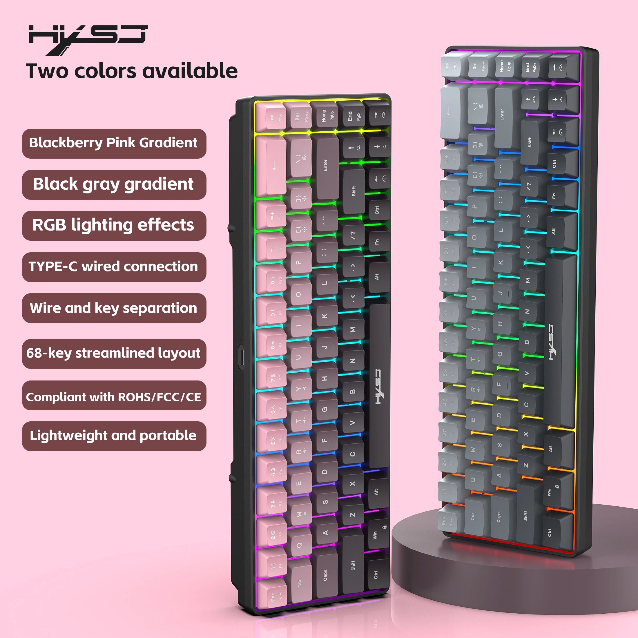 Gaming Keyboard, Ergonomic Keyboard USB Cable Wired Gradient Keyboard with RGB Backlit Film 68 Key Compact