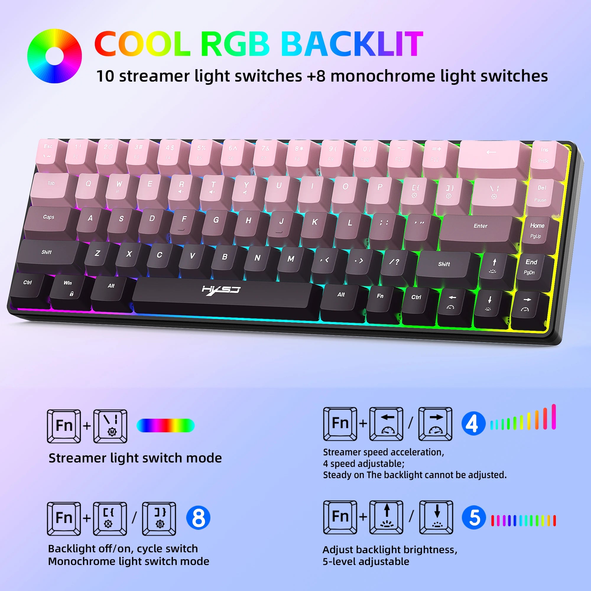 Gaming Keyboard, Ergonomic Keyboard USB Cable Wired Gradient Keyboard with RGB Backlit Film 68 Key Compact