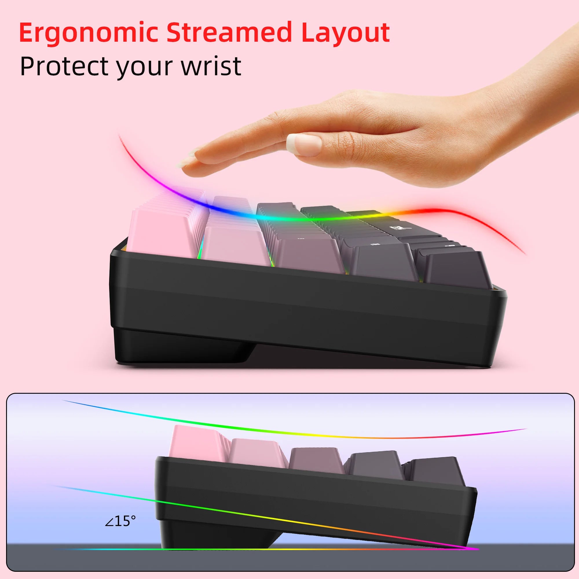 Gaming Keyboard, Ergonomic Keyboard USB Cable Wired Gradient Keyboard with RGB Backlit Film 68 Key Compact