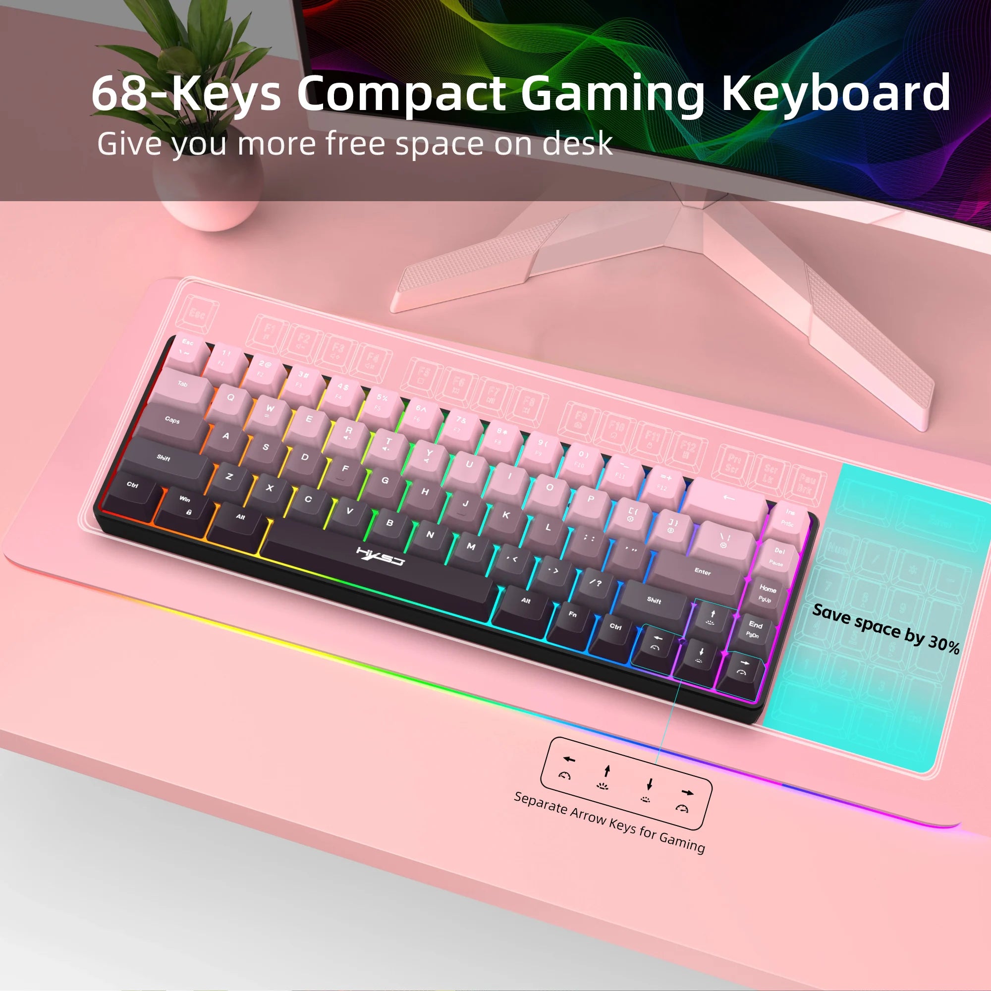 Gaming Keyboard, Ergonomic Keyboard USB Cable Wired Gradient Keyboard with RGB Backlit Film 68 Key Compact