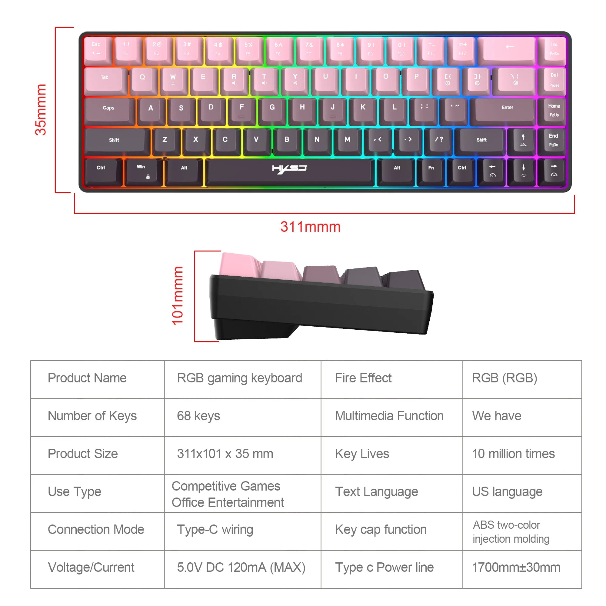 Gaming Keyboard, Ergonomic Keyboard USB Cable Wired Gradient Keyboard with RGB Backlit Film 68 Key Compact