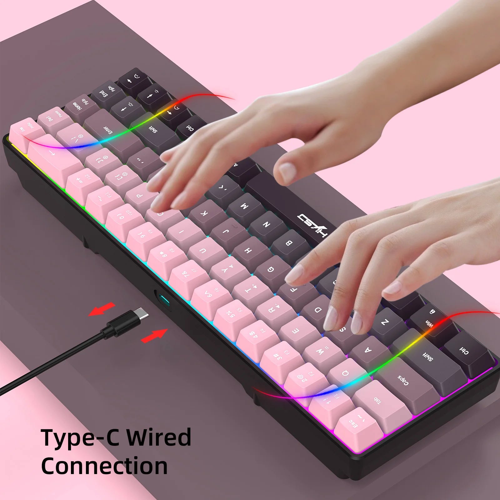Gaming Keyboard, Ergonomic Keyboard USB Cable Wired Gradient Keyboard with RGB Backlit Film 68 Key Compact