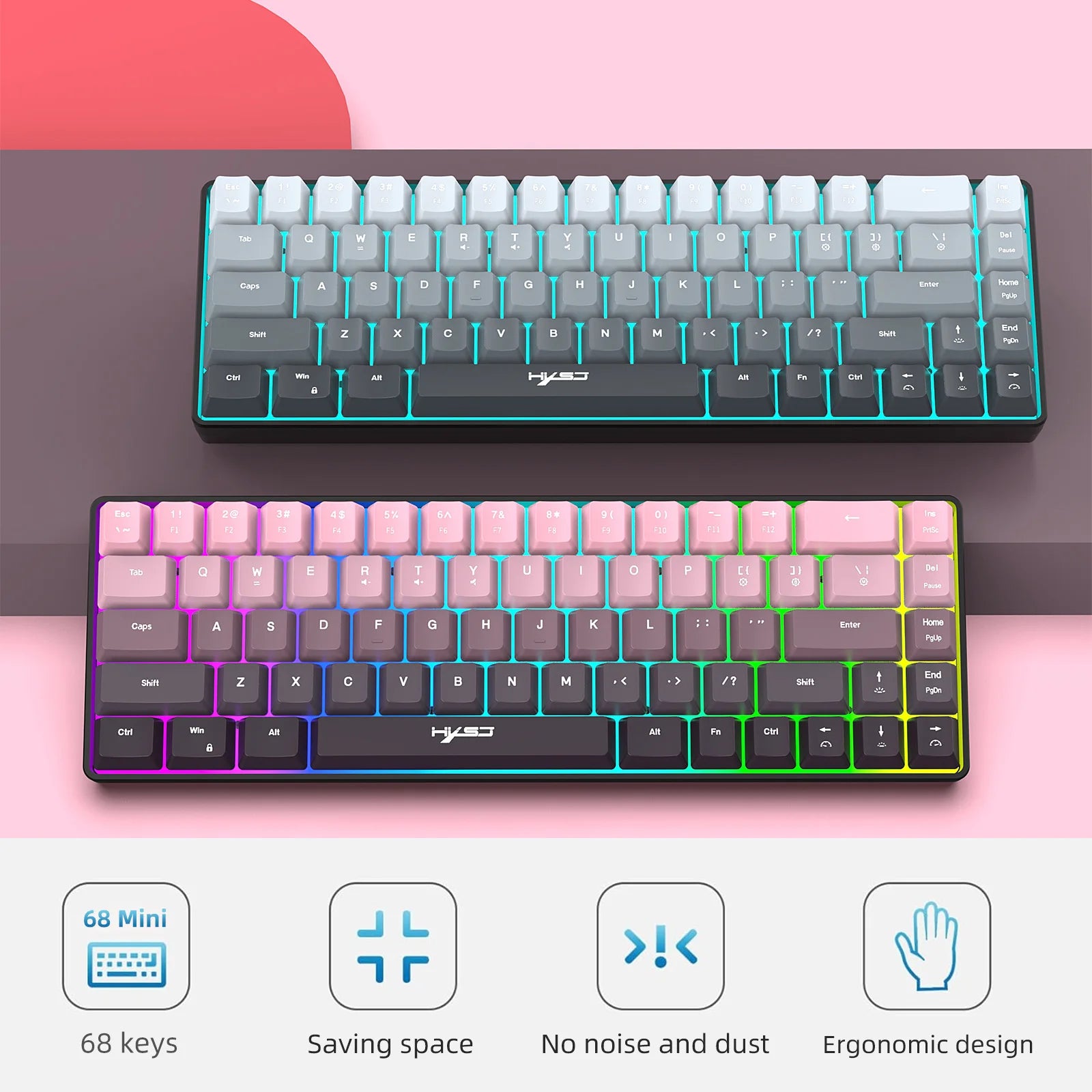 Gaming Keyboard, Ergonomic Keyboard USB Cable Wired Gradient Keyboard with RGB Backlit Film 68 Key Compact