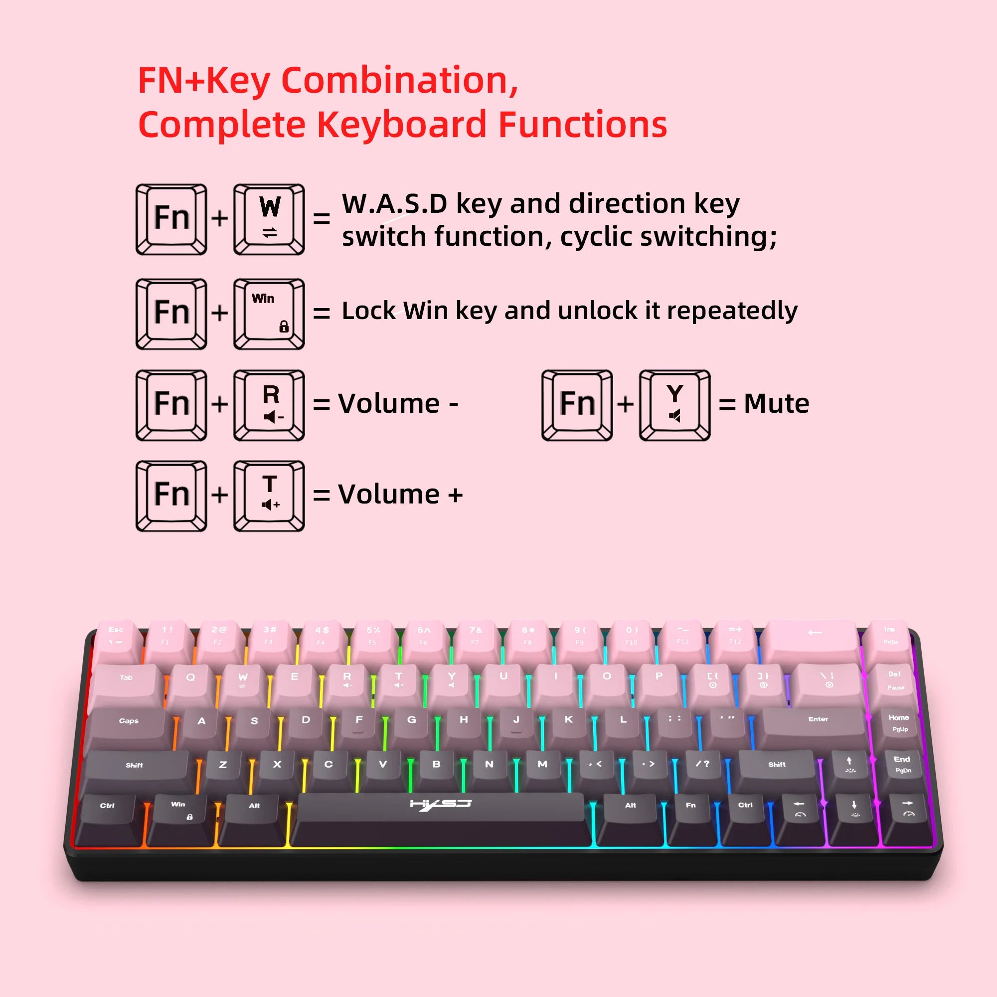 Gaming Keyboard, Ergonomic Keyboard USB Cable Wired Gradient Keyboard with RGB Backlit Film 68 Key Compact