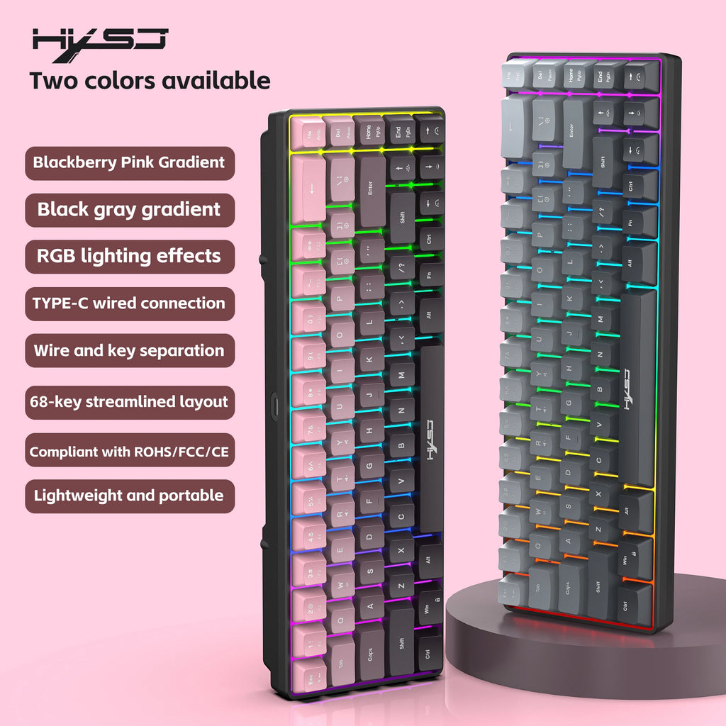 Gaming Keyboard, Ergonomic Keyboard USB Cable Wired Gradient Keyboard with RGB Backlit Film 68 Key Compact