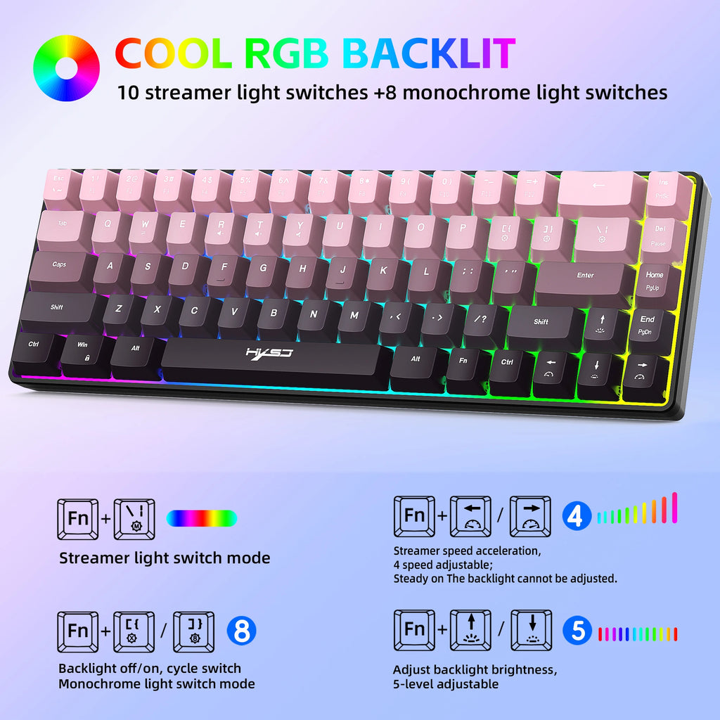 Gaming Keyboard, Ergonomic Keyboard USB Cable Wired Gradient Keyboard with RGB Backlit Film 68 Key Compact