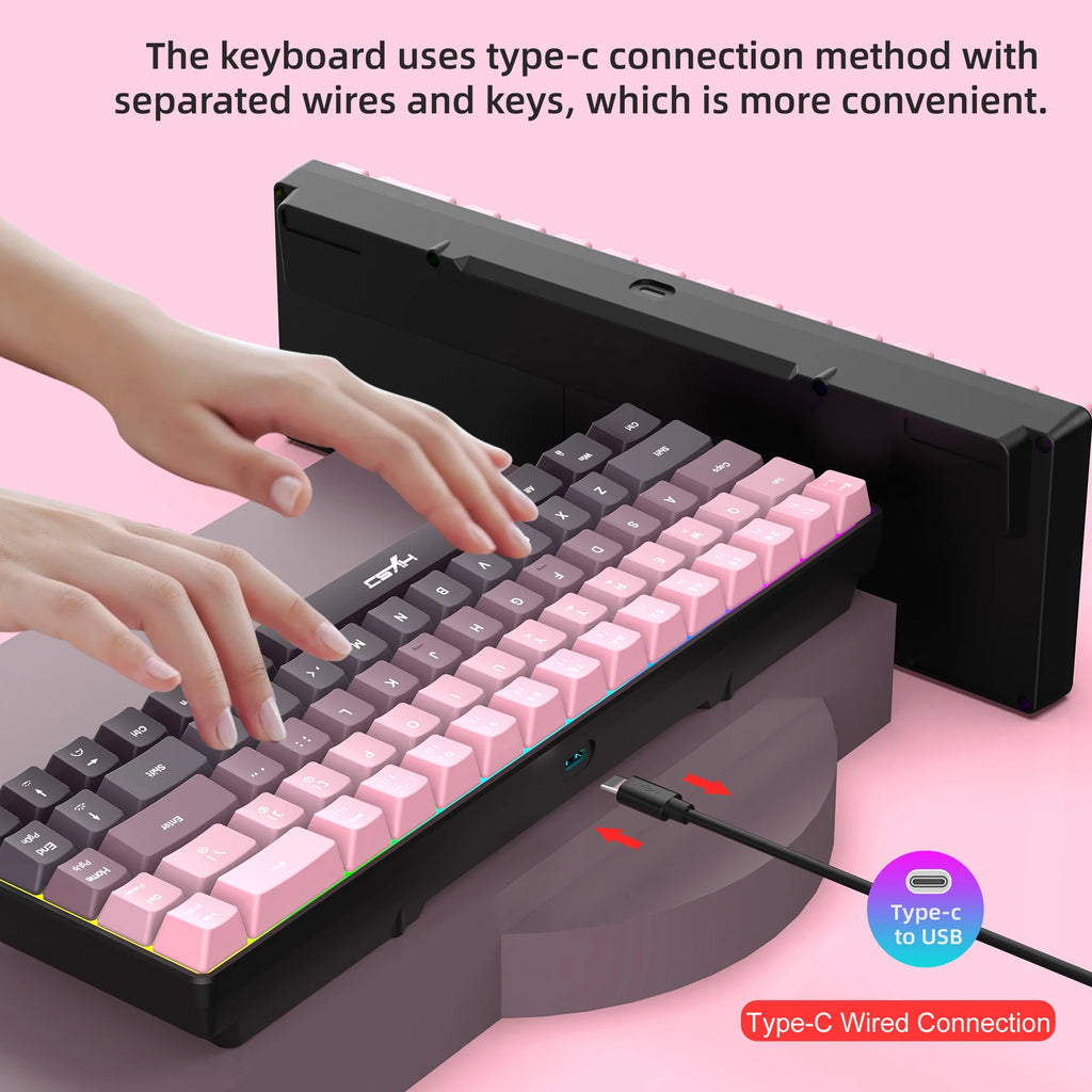 Gaming Keyboard, Ergonomic Keyboard USB Cable Wired Gradient Keyboard with RGB Backlit Film 68 Key Compact